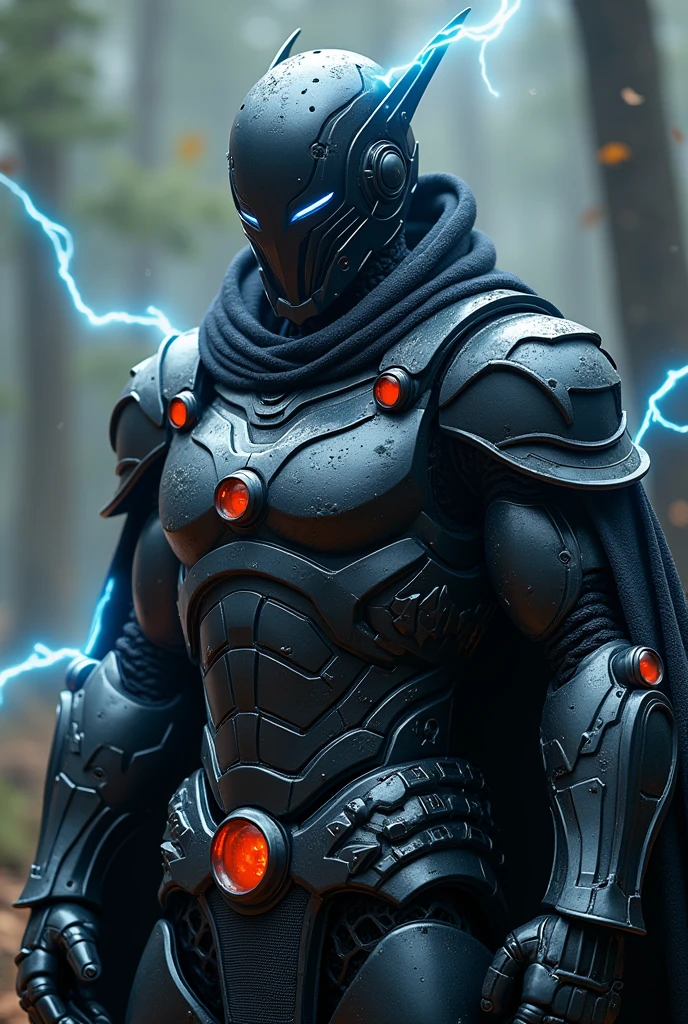 A cool robot conquering langhost hunter with super cool looking mask and armor with a powerful black metal and a poserful aura around him with thunder with coolest srmor with thunder and a cape cool looking