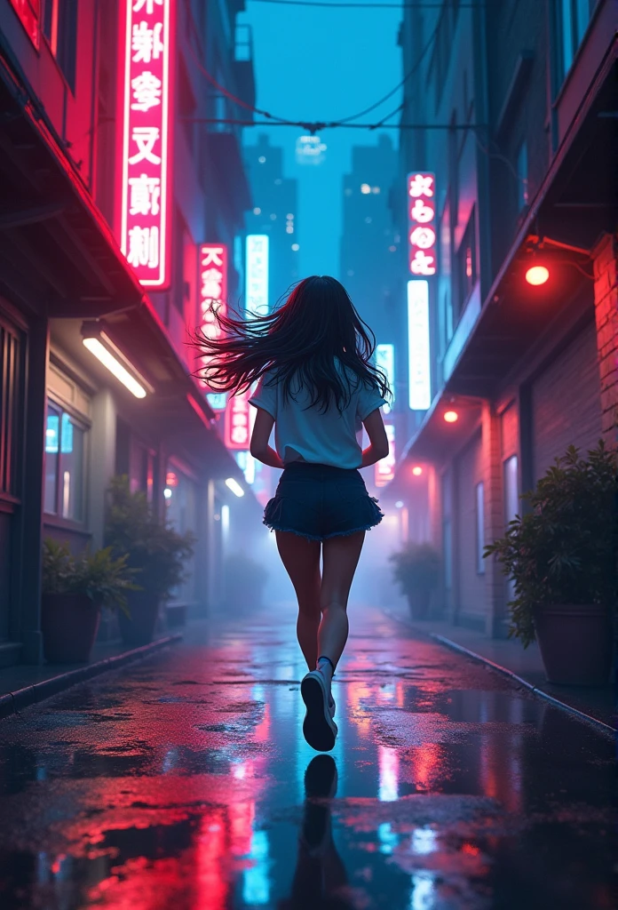 "An anime-style scene featuring a young woman running down a narrow, neon-lit alleyway in a futuristic city. The scene is viewed from behind, emphasizing the movement of her hair as it flows in the wind. The alley is illuminated by vibrant red and blue neon signs on tall buildings, casting a warm, glowing light across the wet, reflective pavement. The environment is filled with a soft, misty atmosphere that diffuses the light, creating a dreamy, ethereal mood. The cityscape is dense with high-rise buildings, and the overall color palette is a blend of cool blues and warm reds, contributing to a cinematic and slightly surreal ambiance. The focus is on capturing the dynamic energy and vivid lighting of the scene, reminiscent of a cyberpunk aesthetic."