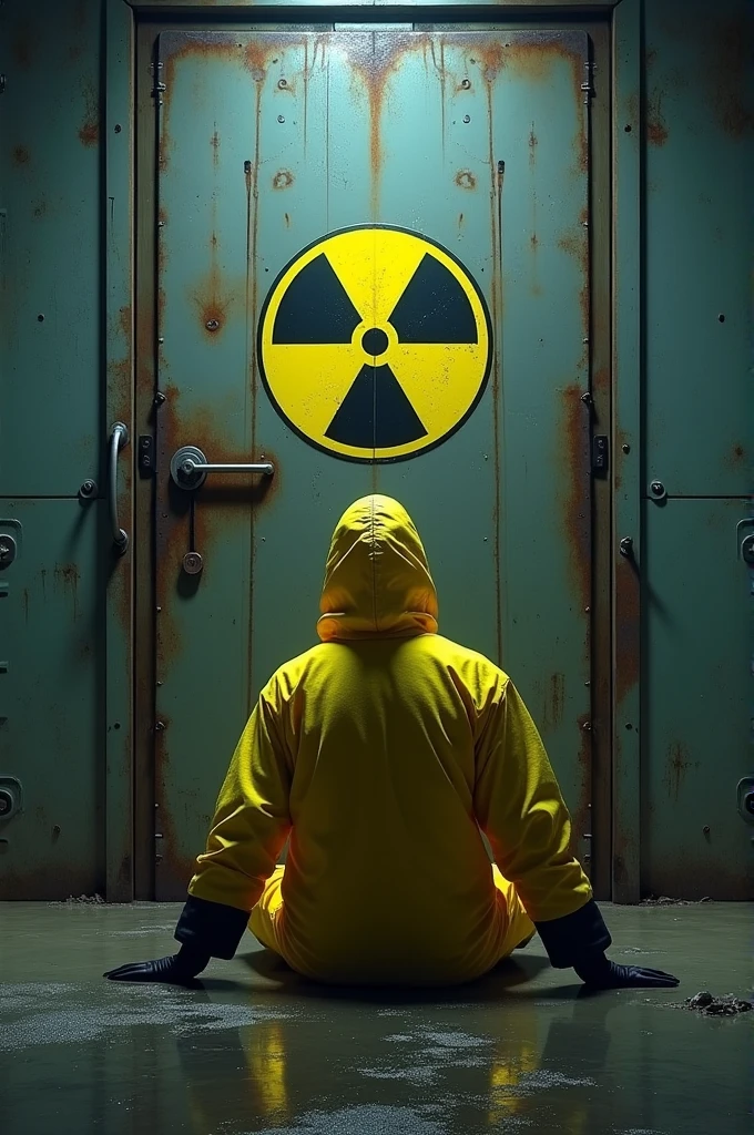 A man wearing a yellow hazmat suit with black gloves sits tiredly in front of a large, weathered, yellow metal door with a prominent radiation symbol. The scene is set in a dimly lit industrial or post-apocalyptic environment, with worn metal walls and a wet, reflective floor, suggesting recent rain. The atmosphere is gritty and intense, with a sense of isolation and danger."