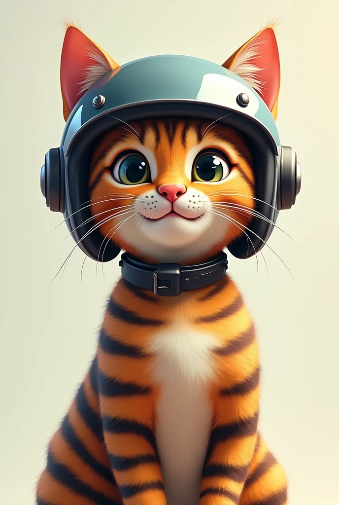 Striped cat wearing a helmet smiling
