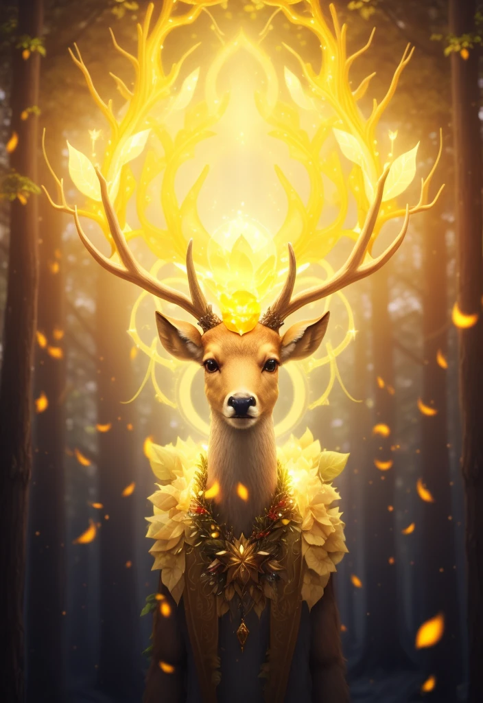 Close-up of a deer with a glowing head in the forest, Forest God, Shining golden aura, anthropomorphic deer, emitting golden light, an anthropomorphic deer, Forest Spirit, Fantasy Art Behance, Beautiful digital art, queen of the forest, Awareness-raising. Complex, anthropomorphic female deer, Symmetrical epic fantasy art,Bright background