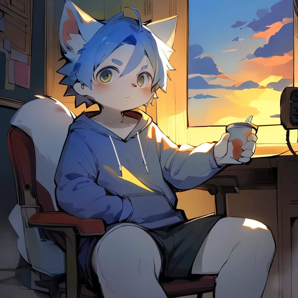 masterpiece, best quality, Perfect anatomical structure, Bright Eyes, Big watery eyes, From milkytiger1145, author：K0BIT0WANI,panoramic, Character Focus Solo, hairy, hairy Wolf, Male fur, Young Style, 1.7 meters, Handsome, Has a tail, Race wolves, Compared, fashionable, Music producer, recording studio, speaker, Take a seat, Sweatshirt, Cool, Navy blue hair，((Boy，shota))，boy，Pino Deheny, Carney announced, milkytiger1145, Dagasi, Yes，