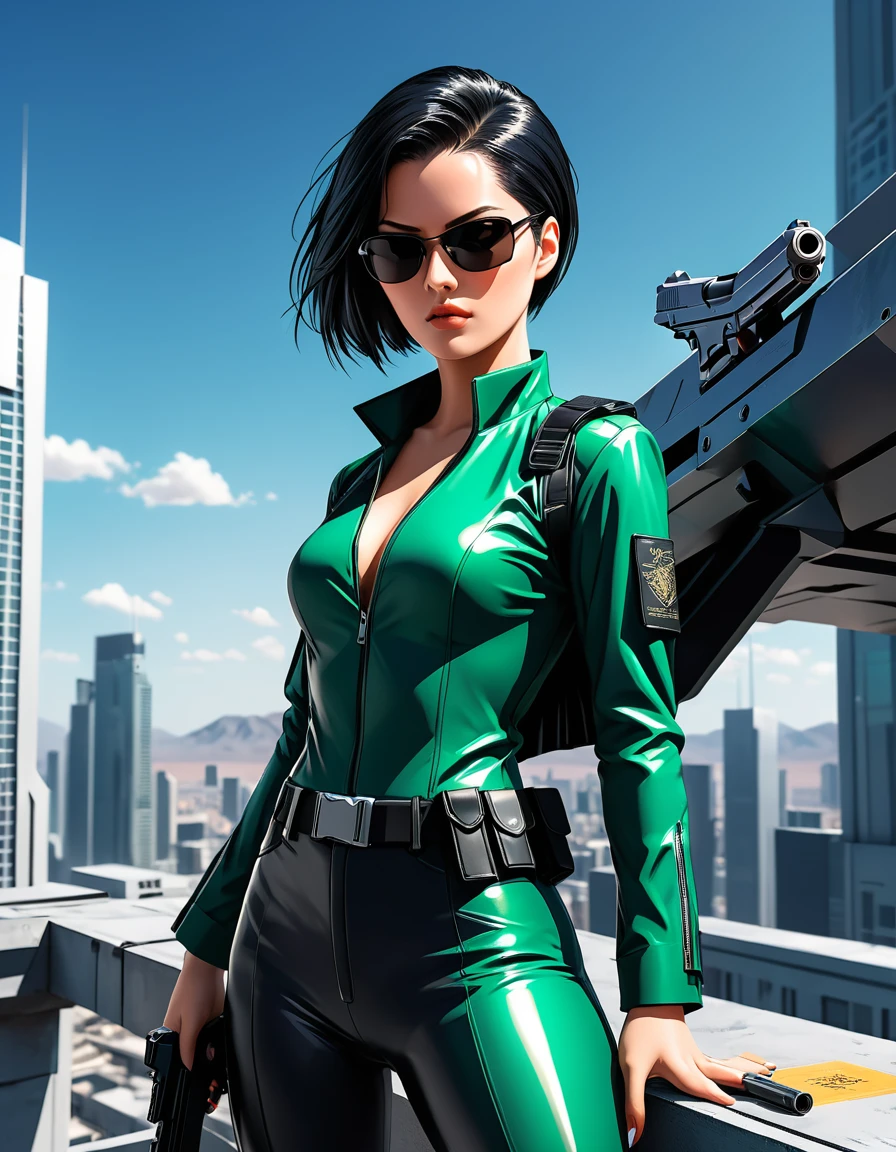 Anime illustration, character Trinity of ((The Matrix movie)) holding a perfect detailed ((chromed Desert Eagle .50 pistol)) to the viewer on the roof of a skycraper plataform, stunning woman, dim black shades, short shaved straight haircut, cute face, serious look, surrealistic anime art style, high contrast, dynamic composition, hyperrealism, vibrant colors, sharp focus, deep shadows, studio lighting, wideangle lens, digital camera, high resolution, detailed textures, high detail, smooth lines, sharp edges, intricate details, natural look,8k