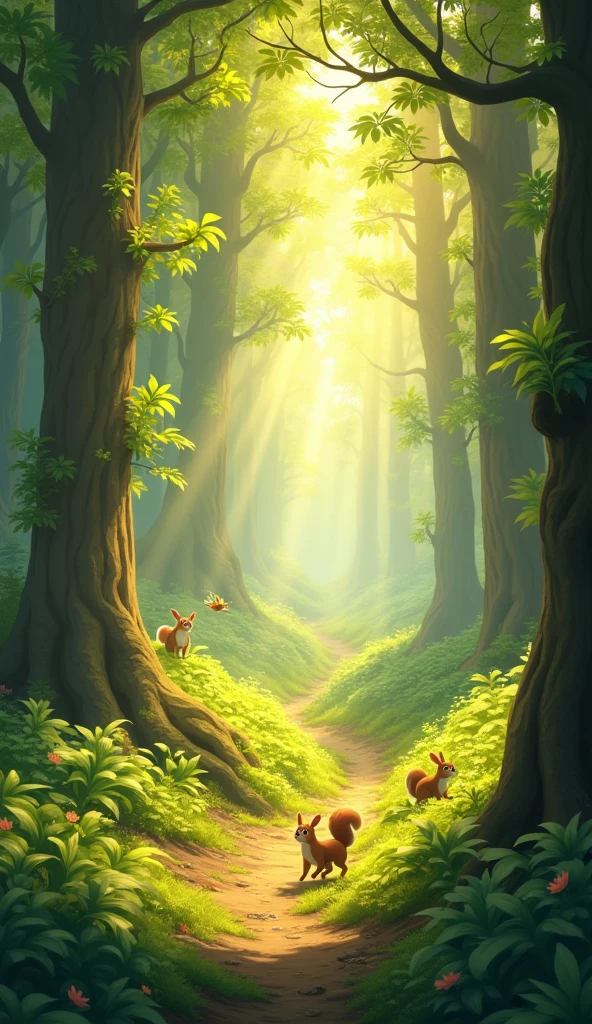 The atmosphere should be bright and full of life, with beams of sunlight filtering through the leaves, casting a golden glow over the scene.