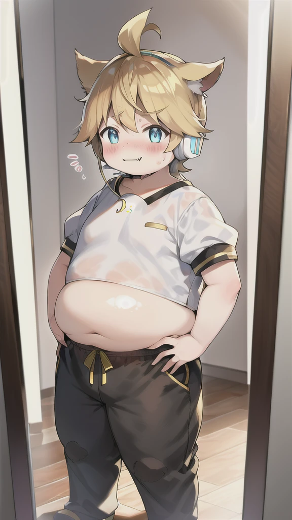 10 year old boy, cute Kagamine Len, (chubby), (plump), severely obese, ((over small crop top)), short sleeves, chubby arm and thigh, fat rolls on arm, belly spilling all over the waistband, tight short pants, tie, earphones, parted lips, ((full blushed)), fake animal ears, fang out, smirk,(feeling exhausted), chubby cheek flushed red, sweating, standing in front of a mirror, anime