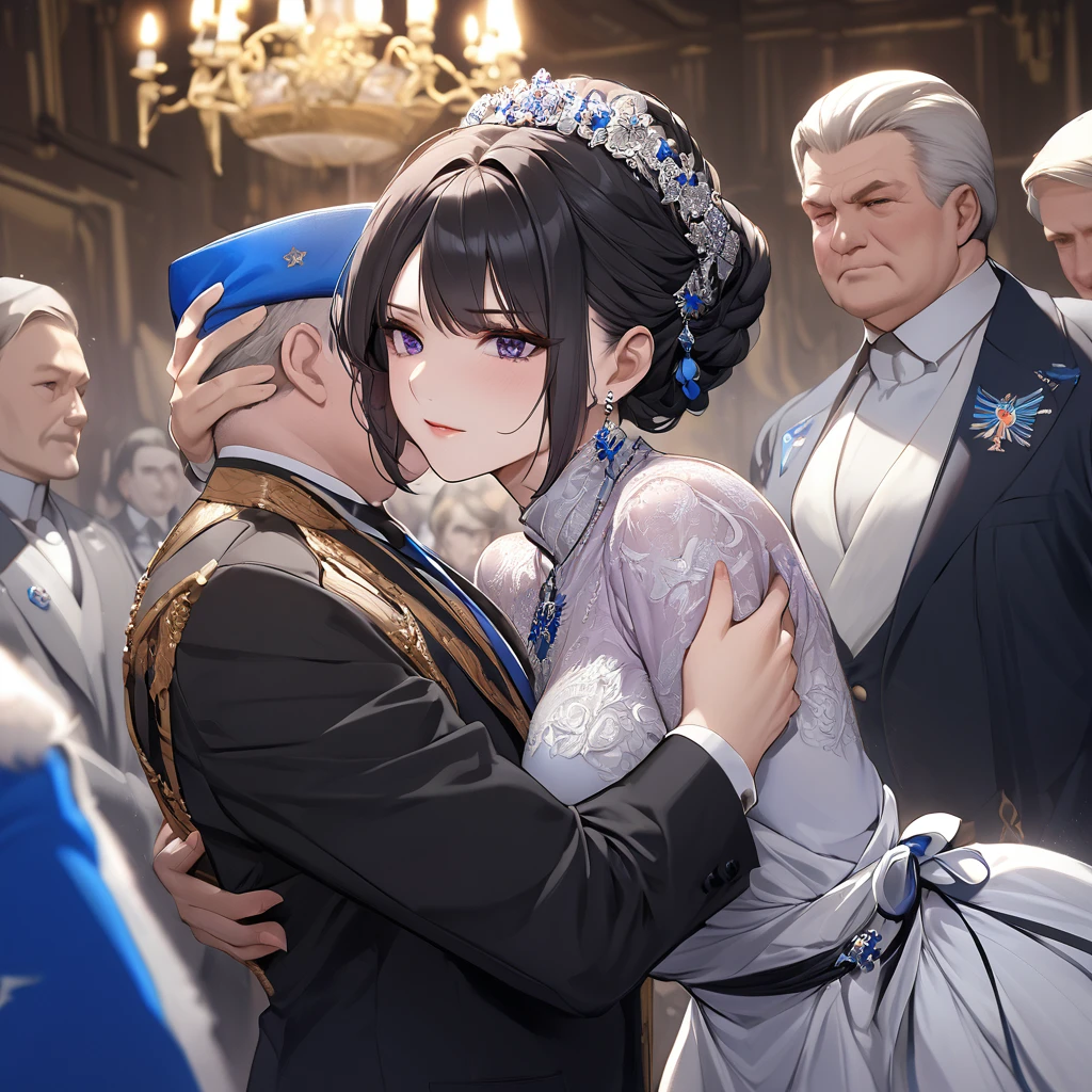 ((Highest quality)), ((masterpiece)), (detailed), (Perfect Face)、The woman is Shinobu Kocho, a Russian with black hair in a purple gradient bob style, tied up in a formal evening hairstyle.、The woman is a member of the United Russia party and is beautifully dressed in the fine attire and luxurious accessories appropriate for a party member.、She is a United Russia member who is dedicated to the cause of a great United Russia, and she deeply respects and worships the leader of the Great Russian Party, a United Russia supremacist.、The woman is embracing and following the great United Russia officials and working for the great Russia.