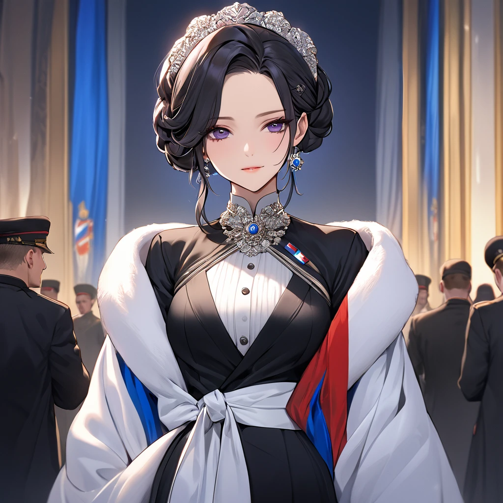 ((Highest quality)), ((masterpiece)), (detailed), (Perfect Face)、The woman is Shinobu Kocho, a Russian with black hair in a purple gradient bob style, tied up in a formal evening hairstyle.、The woman is a member of the United Russia party and is beautifully dressed in the fine attire and luxurious accessories appropriate for a party member.、She is a United Russia member who is dedicated to the cause of a great United Russia, and she deeply respects and worships the leader of the Great Russian Party, a United Russia supremacist.、The woman is embracing and following the great United Russia officials and working for the great Russia.