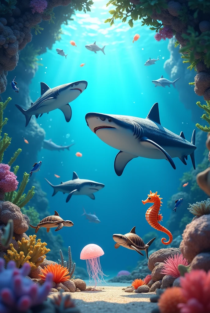 Whale shark, tiger shark, seahorse, turtle, jelly fish in the 3D pixar style with circle frame