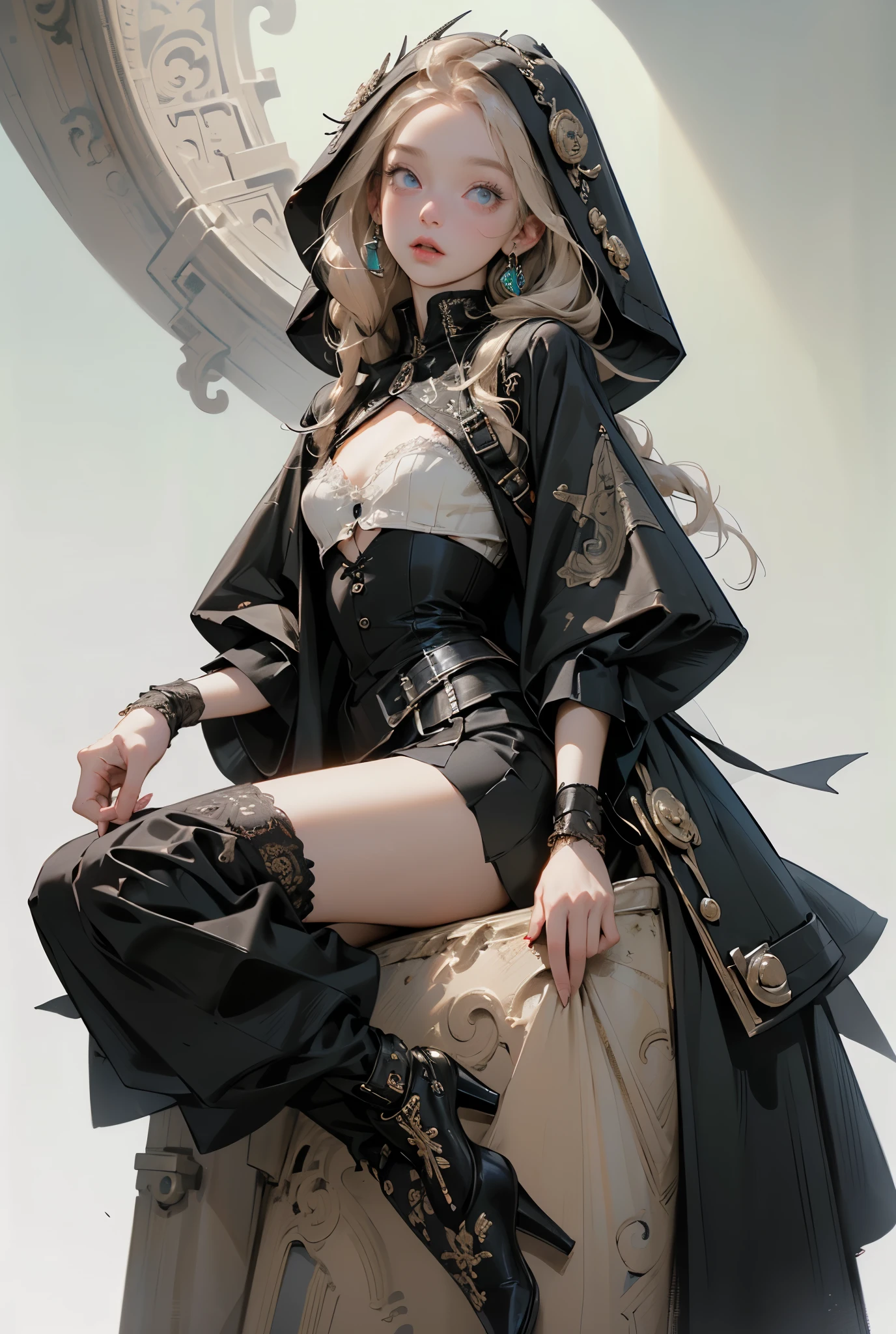 (((masterpiece, of the highest quality, super detailed))), (a witch belonging to an occult order of knights), (a knight crossed with a witch), Victorian era inspired, ((minimal but intricate beautiful armour)), Fluttering lace flared dress with frilly petticoats, ((nier automata meets bloodbourne)), ((((Highly detailed face))),  (big forhead:1.2), (((Very sharp focused eyes))), very long eyelashes, small breasts, (((flat chest:1.1))), occult aesthetic, (red and white clothing detailed and intricate steampunk and detailed gothic), (with a hood), complex lace boots,