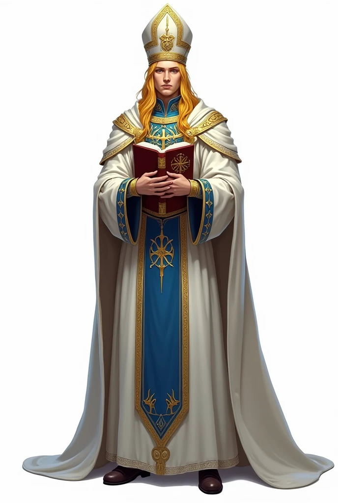 drawning, sharp colors, a warrior cleric, blondie hair, Holding a magic book, medieval rpg style, white clothes with blue and gold details, bishop style hat, BOARD PIECE, fully body, white background, seen from the front 