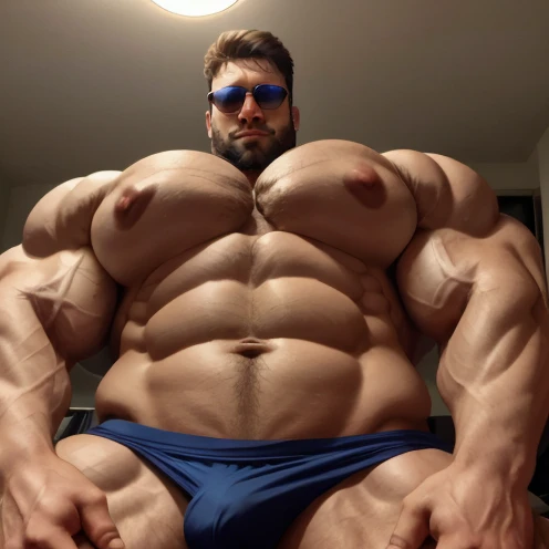 brutalmass, upshot pecs, a young and very handsome man, perfect, normal and beautiful face, sunglasses, shirtless, exaggeratedly muscular body, exaggeratedly huge muscles, exaggeratedly huge bulge bulging out his underwear, in an apartment