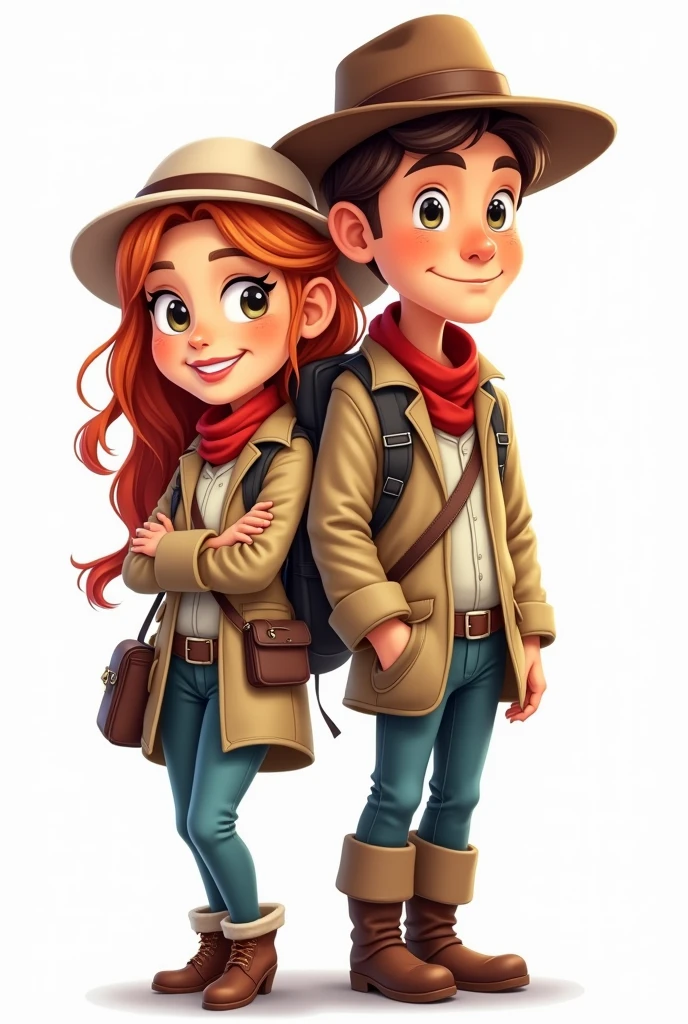 cartoon type image, White background, A lady accompanying an explorer, being his assistant