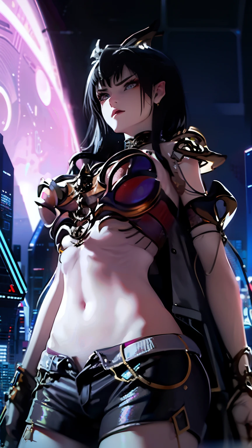 masterpiece,stunning realistic,best quality,sharpness,sharp face,smil，Photo of the fully body
black long hair，purple eyes,big ,tanktop,breast,Side breasts,cargopants with many pockets,open bellybuttons,opened up lags,black cloak,silver necklace,silver chain,black gloves