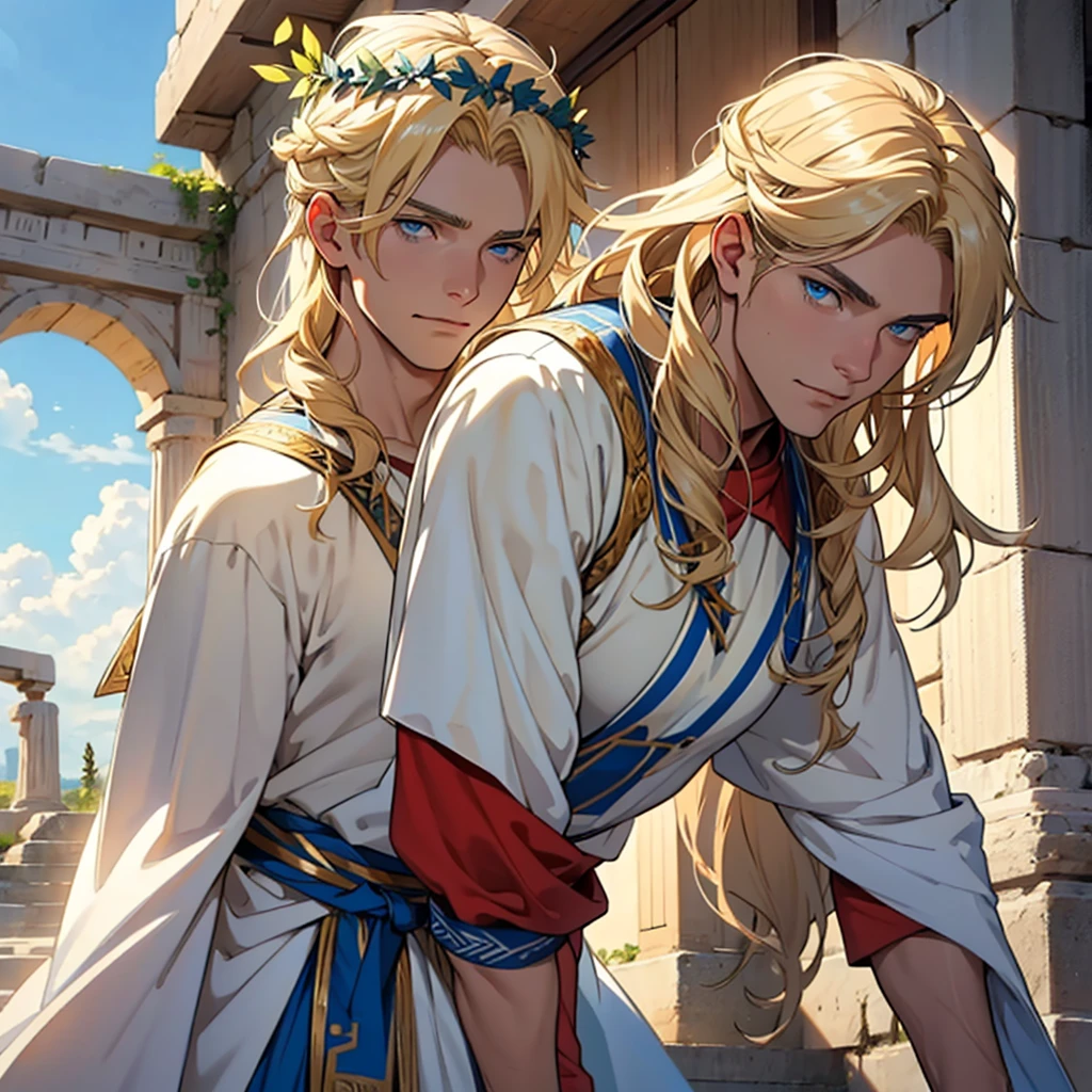 adult man of about 25 years old, that her hair was wavy blonde, blue-eyed, brawny, wearing the laurel crown and wearing a white Greek tunic.