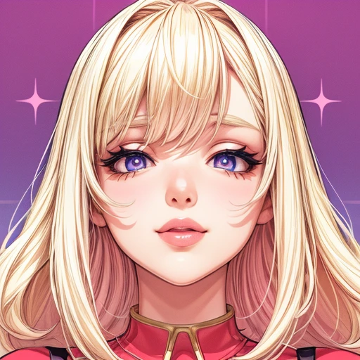 A digital illustration of a confident blonde woman with long hair, styled straight. She wears a shiny gold bikini, adorned with a red collar featuring a chain, emphasizing her bold pose. Her facial expression is playful, featuring subtle makeup and striking purple eyes. The background is a simple gray, highlighting her figure and outfit.