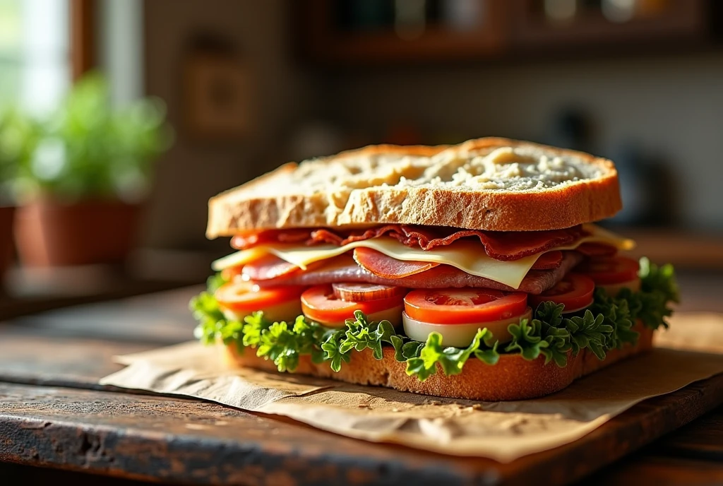 Create a highly realistic, high-quality image of the sandwich, showcasing the dish in its authentic form. Include a rustic wooden table to enhance the setting. Use natural lighting to bring out the rich, hearty texture of the sandwich and the bright, fresh colors of the ingredients. The background should evoke a cozy European kitchen atmosphere, emphasizing the essence of home cooking, making it perfect for a food blog or cookbook.