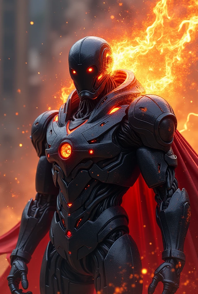 A cool robot conquering langhost hunter with super cool looking With thunder flame and dark matter mask and super cool looking armor with a powerful black metal and a powerful aura around him with thunder with coolest srmor with thunder and a cape cool looking