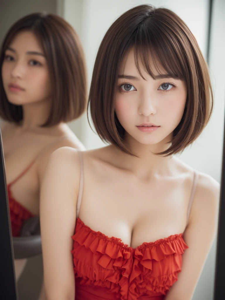 ((of the highest quality, 8K, masutepiece: 1.3)), Women (Full body portrait, front, red chiffon frill dress, Big breasts, cleavage, In the Magic Mirror), Overhead camera, Sharp Focus: 1.2, prety woman: 1.4, ((girlish bob Hairstyle)), Highly detailed face and skin and hair texture, Detailed eyes, Double eyelids, White skin, beautiful delicate nose, Cute young Japan woman, 20 years old, while emphasizing the theme、pleasing to the eye、tome&#39;thought-provoking composition., Eyes, Mouth and behavior, The contrast between light and shadow creates a unique sense of sadness...、Dynamic angle background blur