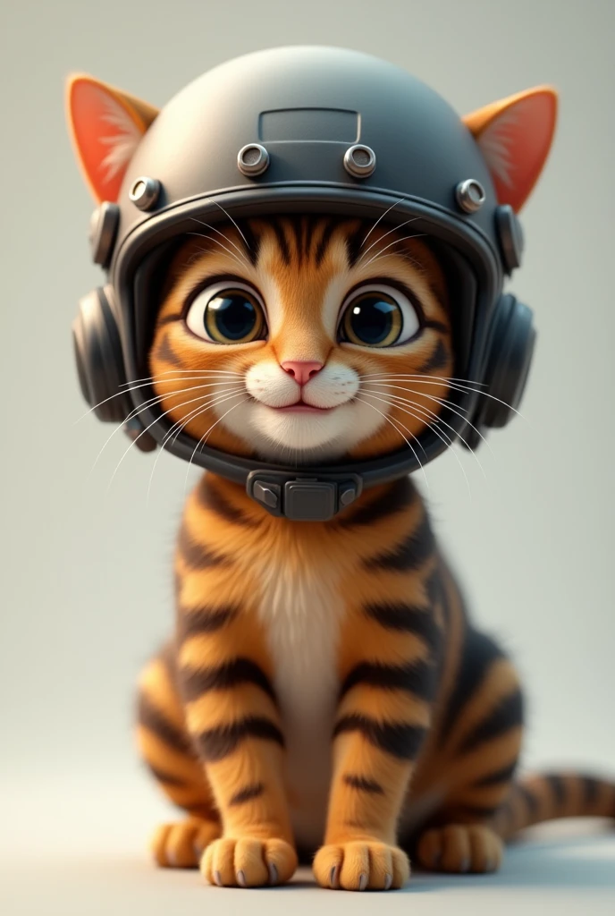 Realistic striped cat in helmet smiling