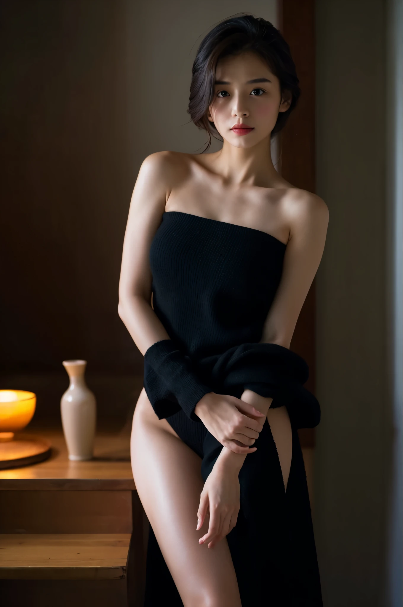 a beauty girl、Black knitwear、Lower body naked