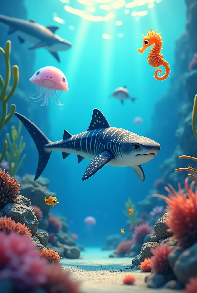 Whale shark, tiger shark, seahorse, turtle, jelly fish in the 3D pixar style
