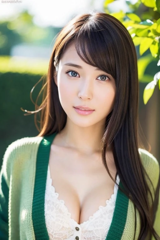 8K, top-quality, ​masterpiece, realisitic, Photorealsitic, ultra-detailliert, Natural sunlight, extremely detailed face and skin, A detailed eye, Highly detailed face-to-skin intermediate shots, Beautiful woman looking at camera, sexy  pose, masutepiece, Beautiful face, Realistic face, Detailed face, Beautiful hairstyle, Realistic eyes, Detailed eyes, Realistic skin, Detailed skin, Beautiful skin, Attractive, A hyper-realistic, Sexy green cardigan, Gentle, Brown hair, cute Japanese girls, Full body