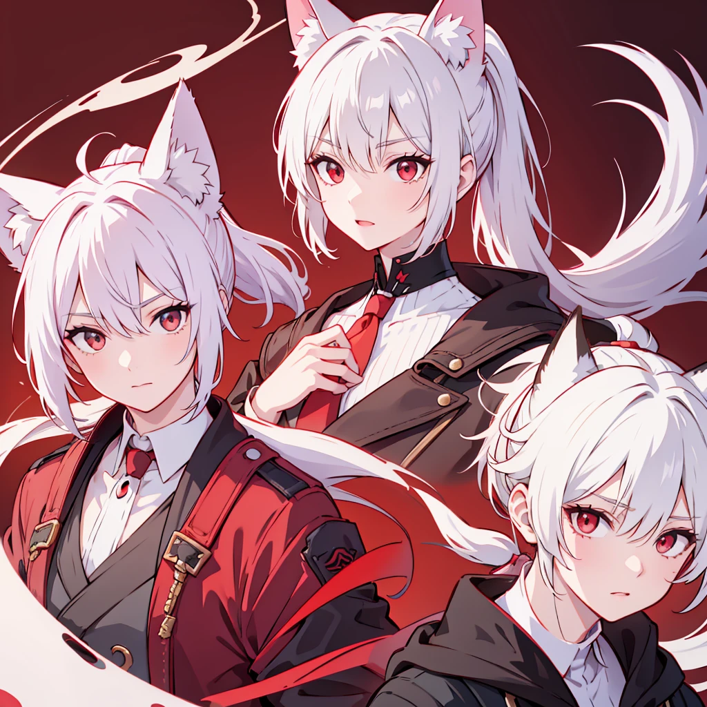 red eyes, white hair, Fox ears,Foxtail, Ponytail, Foxy eyes, Open the neck,