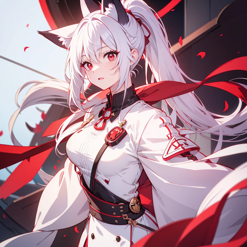 red eyes, white hair, Fox ears,Foxtail, Ponytail, Foxy eyes, Open the neck,