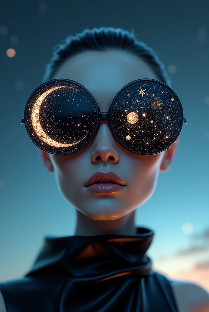 The model is wearing glass sunglasses with stars and the moon on the glass