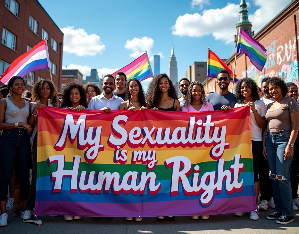 A powerful and striking image of a diverse group of men and women, both Black and white, standing together in solidarity facing the camera. The y are holding a vibrant, 3D cursive message on the protest banner reads "My Sexuality is my Human Right." Rainbow flags and transgender flags flutter in the background against a blue sky and city skyline, emphasizing the LGBTQ+ presence. The atmosphere is filled with pulsating energy, capturing the strength, love, and support that emanates from this inclusive and accepting gathering. The graffiti on the walls around them adds a layer of vibrant color and urban edge, further fueling the sense of unity and activism., vibrant, graffiti
