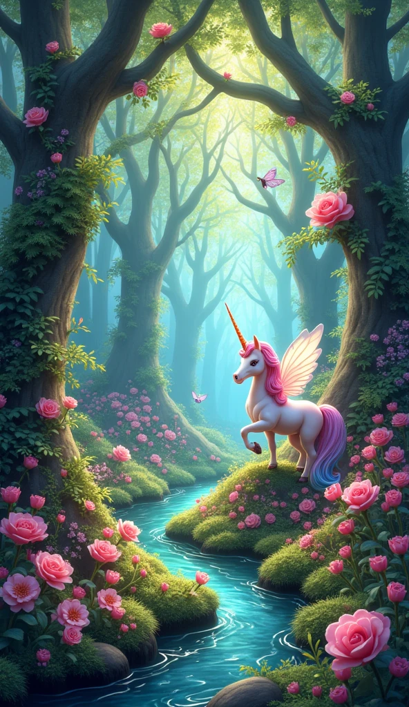 Create a vibrant and whimsical scene set in an enchanted forest.