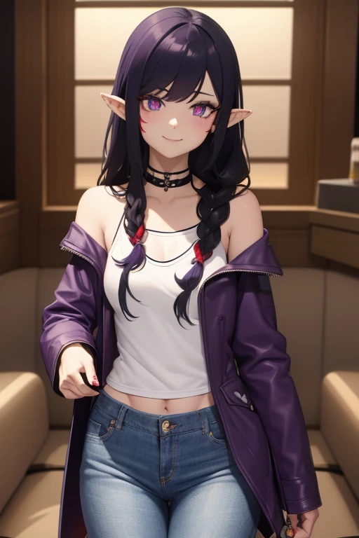 (best quality), 1girl, solo, Shyvana, dragon girl, facial mark, pointy ears, yellow eyes, colored sclera, slit pupils, colored scales on human skin, (purple skin:1.2), french braids, low ponytail, long hair, red-black hair, toned, looking at viewer, shy smile, indoors, leather jacket, off-shoulder jacket, white shirt, tank top, jeans, cute face