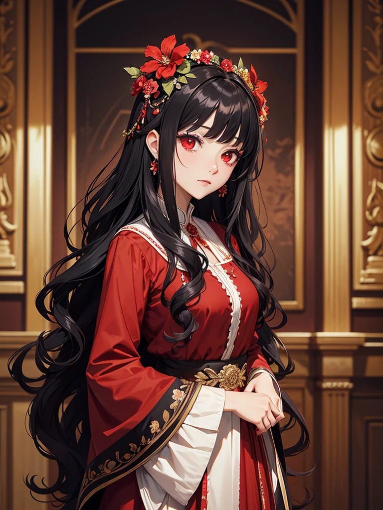 woman, red eyes, black long wavy hair, noble, wearing flower on her head. background in mansion. wearing flower decorations on the sides of her hair. wear fancy western dress. she is Princess