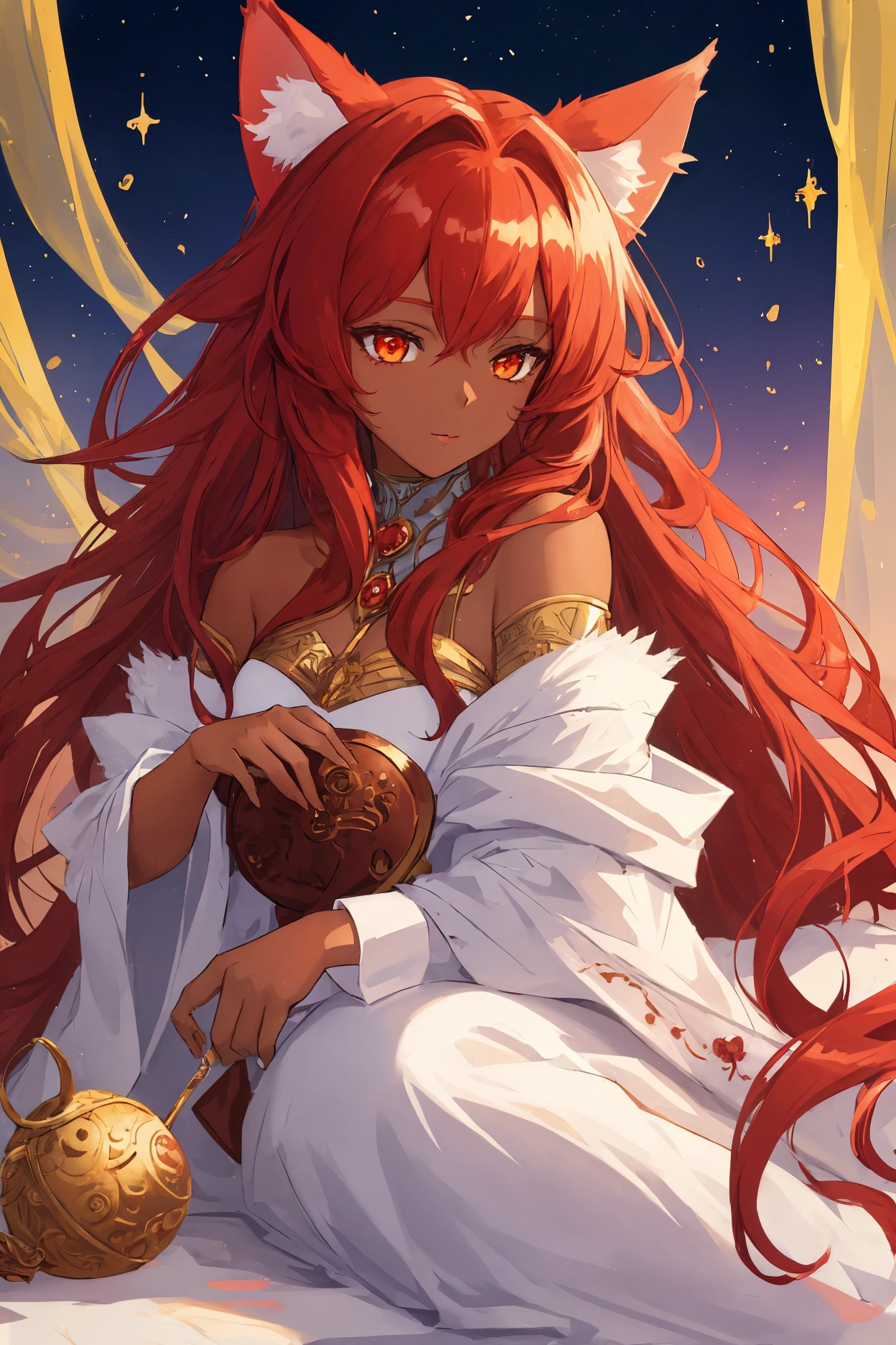 Woman, female focus, solo, fluffy cat ears, red hair, very long hair, golden eyes, chocolate skin, fantasy clothing, anime, top quality, ultra definition, Illustration, high resolution, fantasy background