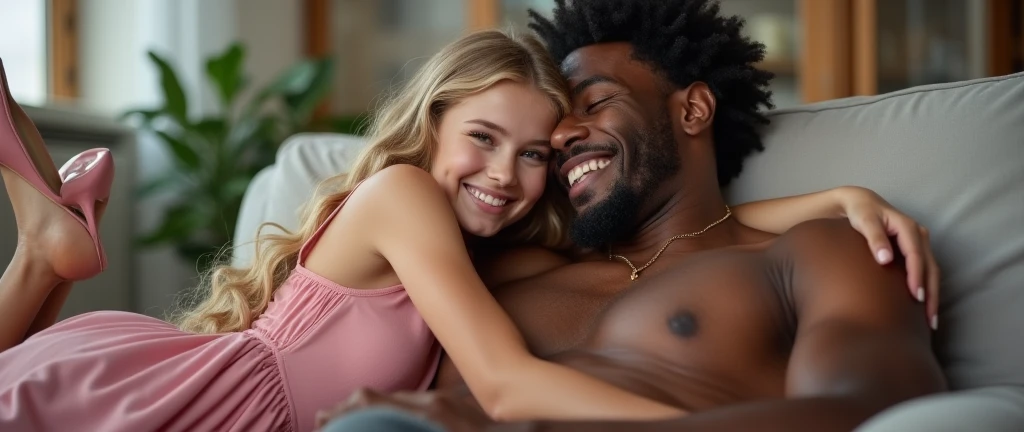 A beautiful young shy cutie girl with wavy blond long hair, wearing a simple pink dress and high heels, lying on the couch, with pretty large boobs, smiling hugs with a black adult man interracial