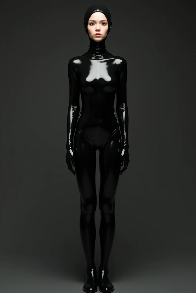 A girl wearing hijab . Innocent face. Long leg. Wearing full body black latex suit. High quality. High resolution