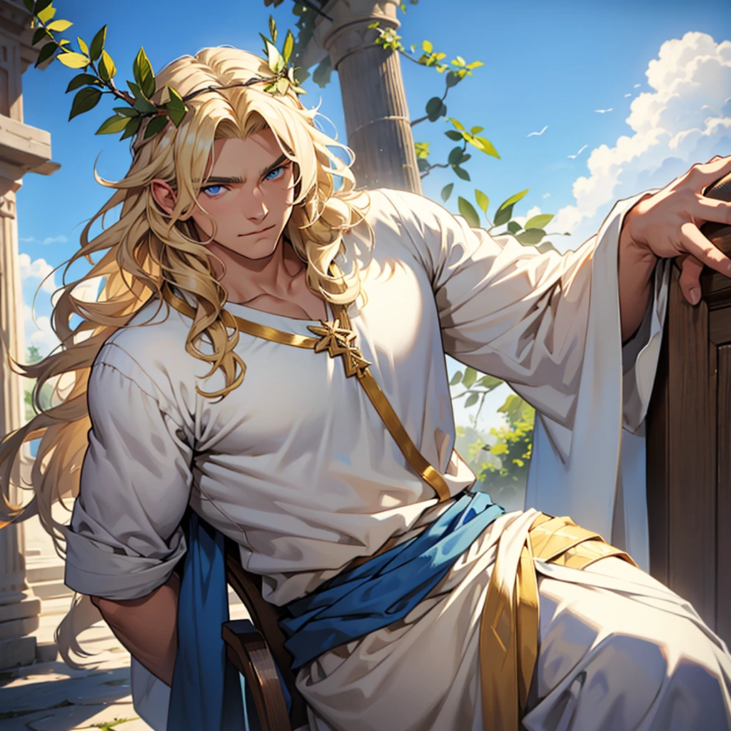 man whose hair was wavy blond, blue-eyed, brawny, wearing the laurel crown and wearing a white Greek tunic.