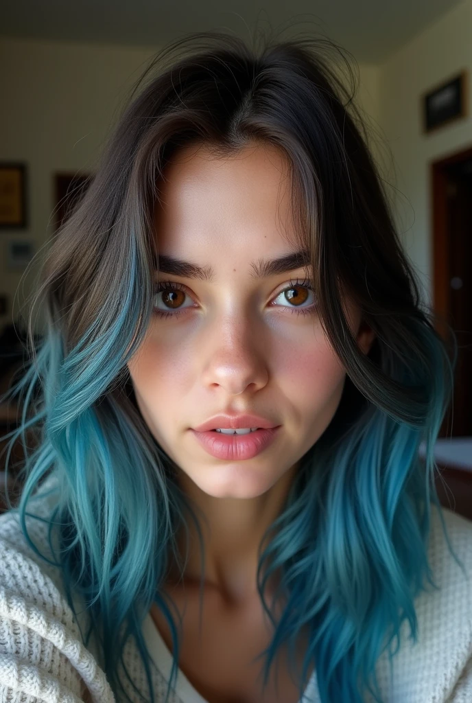 can you generate an 18 year old turkish girl who has dark brown and blue hair and brown eyes. she is at her home and taking a selfie