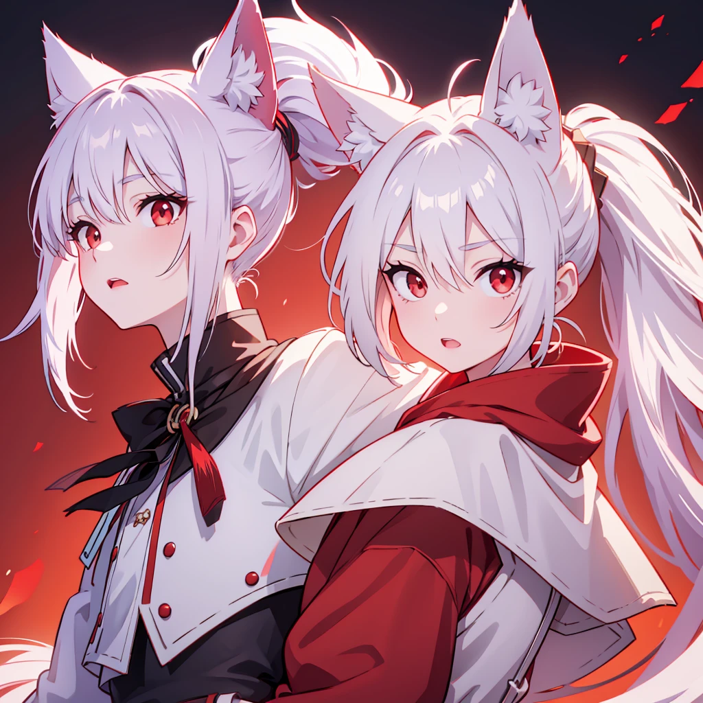 red eyes, white hair, Fox ears,Foxtail, Ponytail, Foxy eyes, Open the neck,