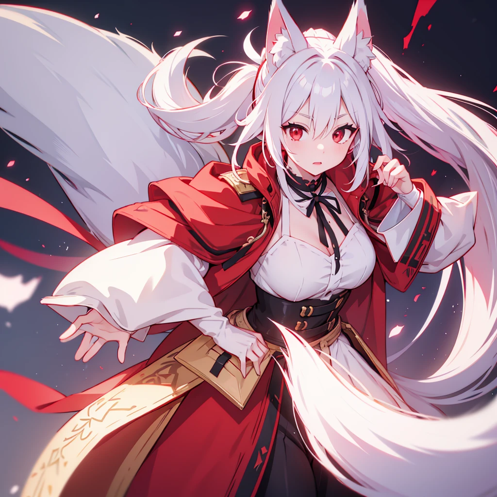red eyes, white hair, Fox ears,Foxtail, Ponytail, Foxy eyes, Open the neck,