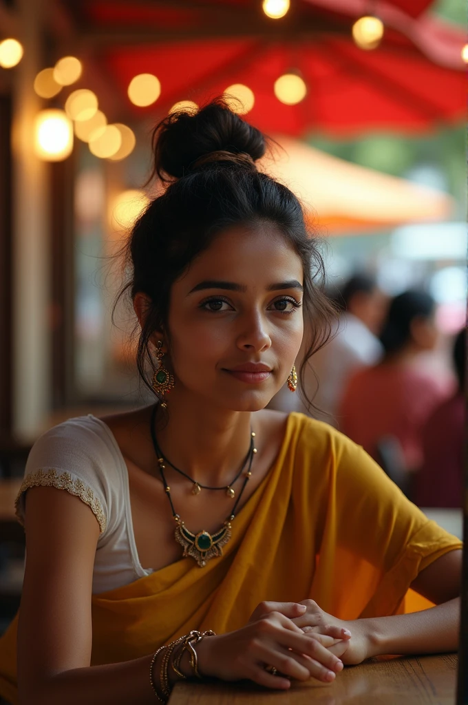 *A beautiful Indian girl, with a god hair style, sitting in outdoor cafe, people passing by in a motion blur, beautiful cinematic lighting, in the style of Bruno Aveillon, wide angle --v 6.1