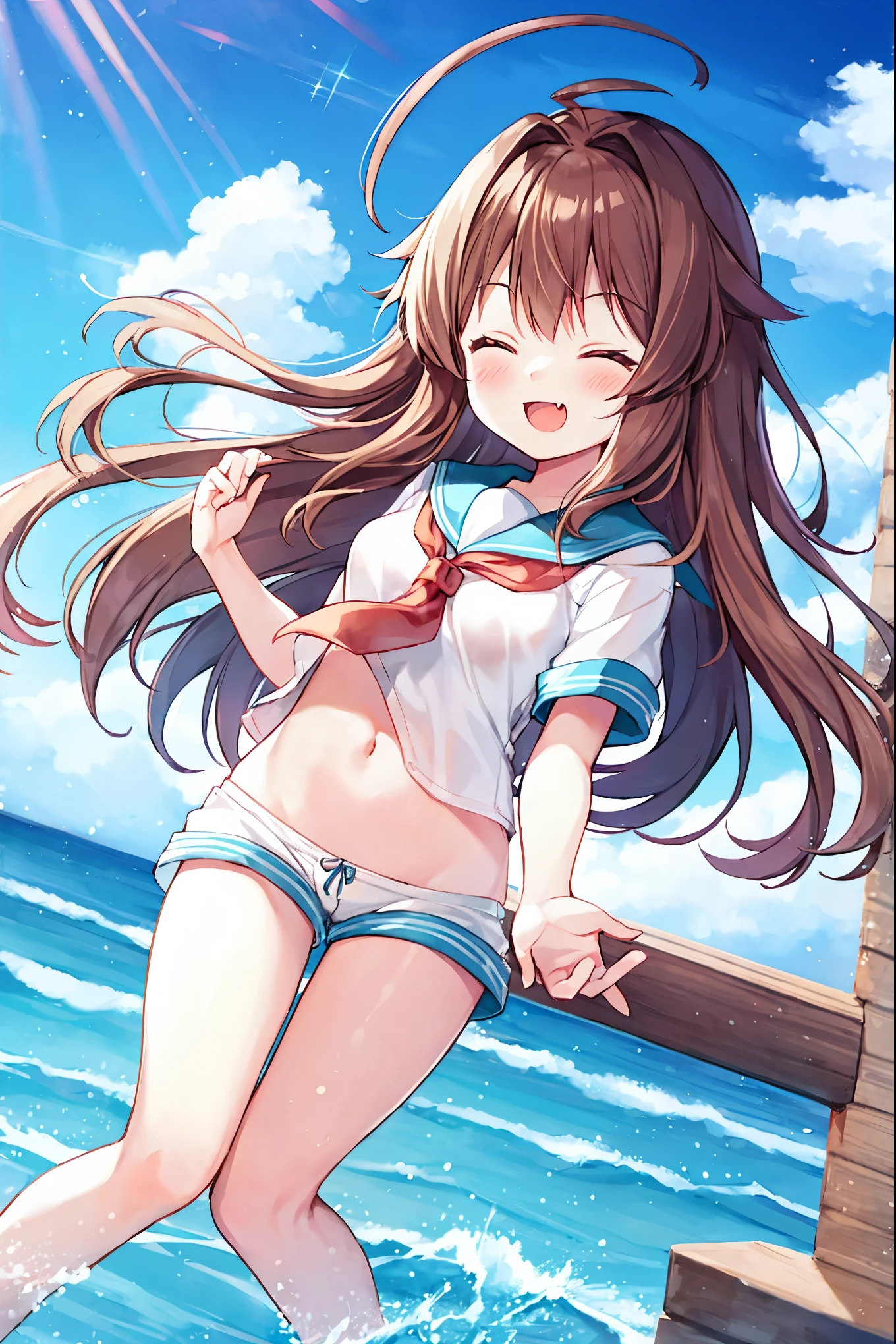 1young_teen_ girl, brown_hair, long_hair, sailor_uniform,white_ baggy_shorts, short_sleeve, thighs, small_breasts, big_smile, open_mouth, fang, harbor_landscape_background, slightly_spread_legs, happiness, covered_crotch,ahoge,XD,exciting_posing,closed_eyes