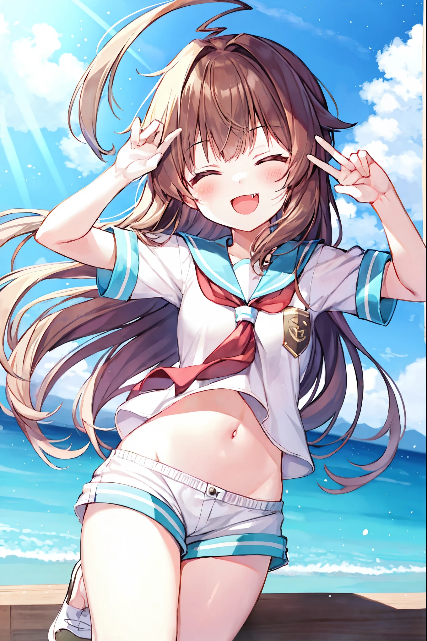 1young_teen_ girl,  brown_hair, long_hair, sailor_uniform,white_ baggy_shorts, short_sleeve, thighs, small_breasts, big_smile, open_mouth, fang, harbor_landscape_background, slightly_spread_legs, happiness, covered_crotch,ahoge,XD,exciting_posing,closed_eyes