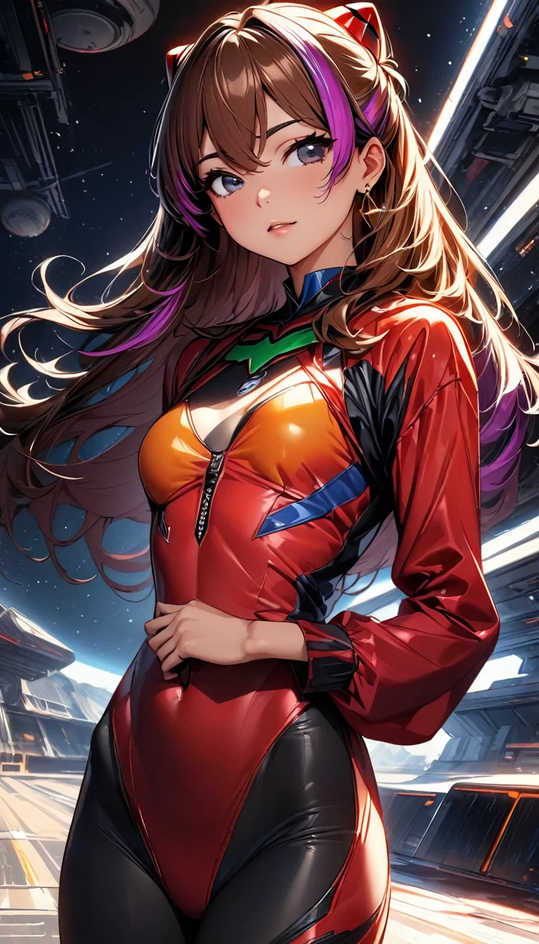 (highest quality:1.2, Very detailed, up to date, Vibrant, Ultra-high resolution, High Contrast, masterpiece:1.2, highest quality, Best aesthetics), Portraiture、girl、((25-years-old:1)), Soryu Asuka Langley, red costume, Beautiful fine details、Bright colors、Beautiful lip detail, long hair、black and purple ((streaked hair:1.6)), highlights hair: 1.5, brown eyes, gold earrings, ((slim body:1.6)), (small breast:0.5), (dark skin:0.5)), space base, (cowboy shot:1), looking viewer