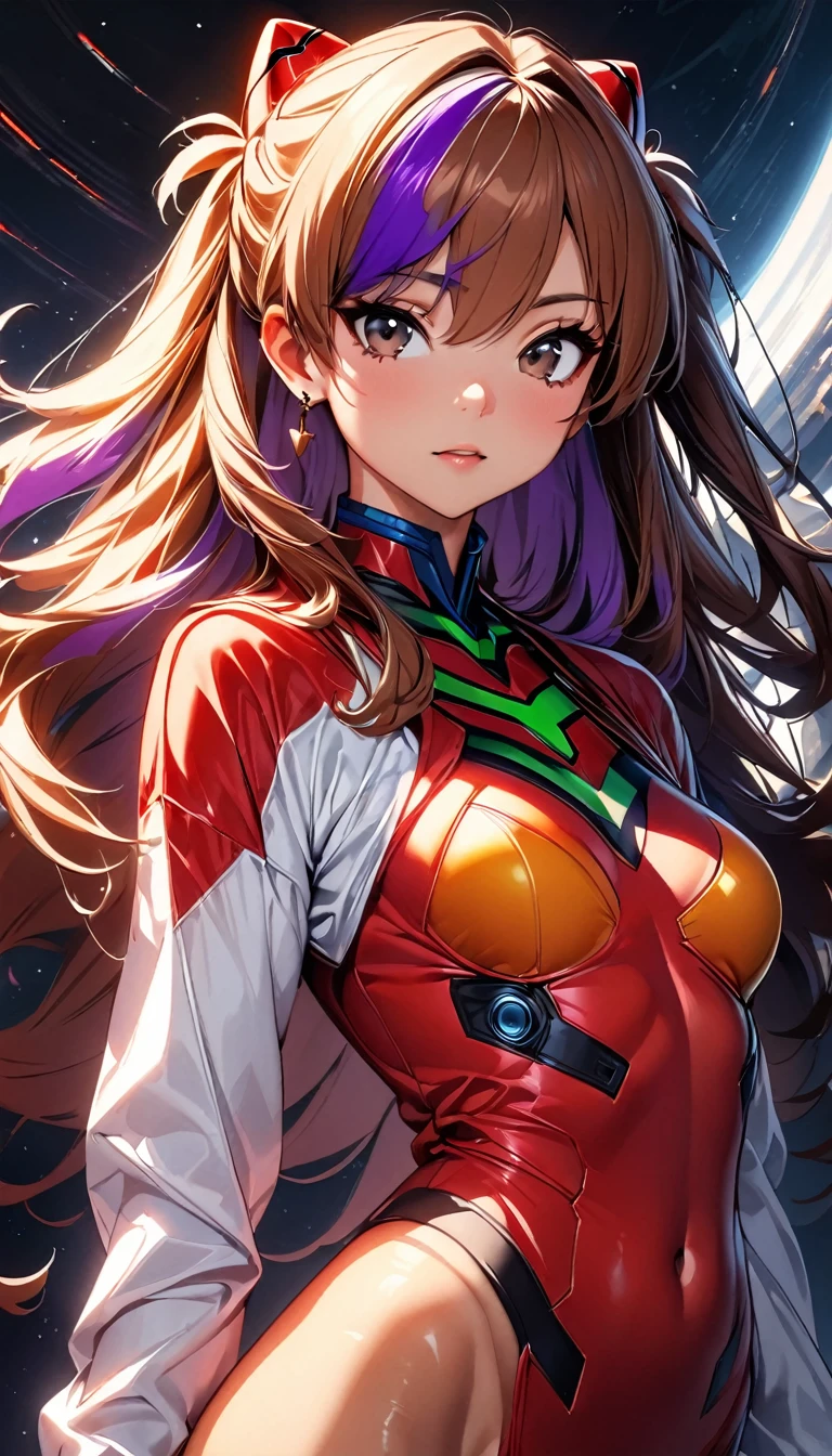 (highest quality:1.2, Very detailed, up to date, Vibrant, Ultra-high resolution, High Contrast, masterpiece:1.2, highest quality, Best aesthetics), Portraiture、girl、((25-years-old:1)), Soryu Asuka Langley, red costume, long sleeve, Beautiful fine details、Bright colors、Beautiful lip detail, long hair、black and purple ((streaked hair:1.6)), highlights hair: 1.5, brown eyes, gold earrings, ((slim body:1.6)), (small breast:0.5), (dark skin:0.5)), space base, (cowboy shot:1), looking viewer