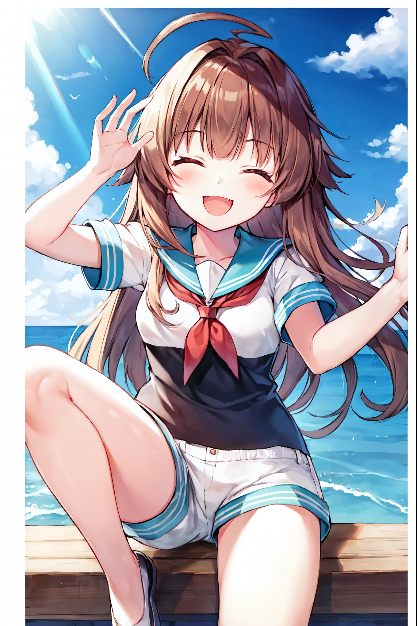 1young_teen_ girl, brown_hair, long_hair, sailor_uniform,white_ baggy_shorts, short_sleeve, thighs, small_breasts, big_smile, open_mouth, fang, harbor_landscape_background, slightly_spread_legs, happiness, covered_crotch,ahoge,XD,exciting_posing,closed_eyes
