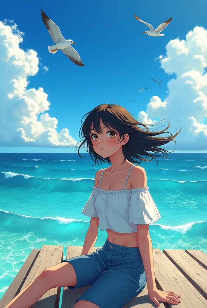 Yoshihiro Togashi style, looking at viewer, brunette, dock, seascape, seagulls, sunny, summer, tropical