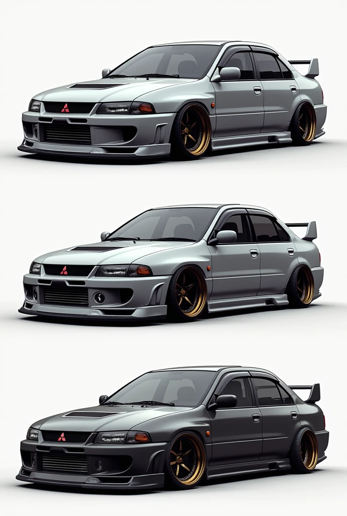 Mitsubishi lancer 1998 model. Make a sporty version. Create another version with a color grey. Render the image at 4 angles. Front, right,left, and back