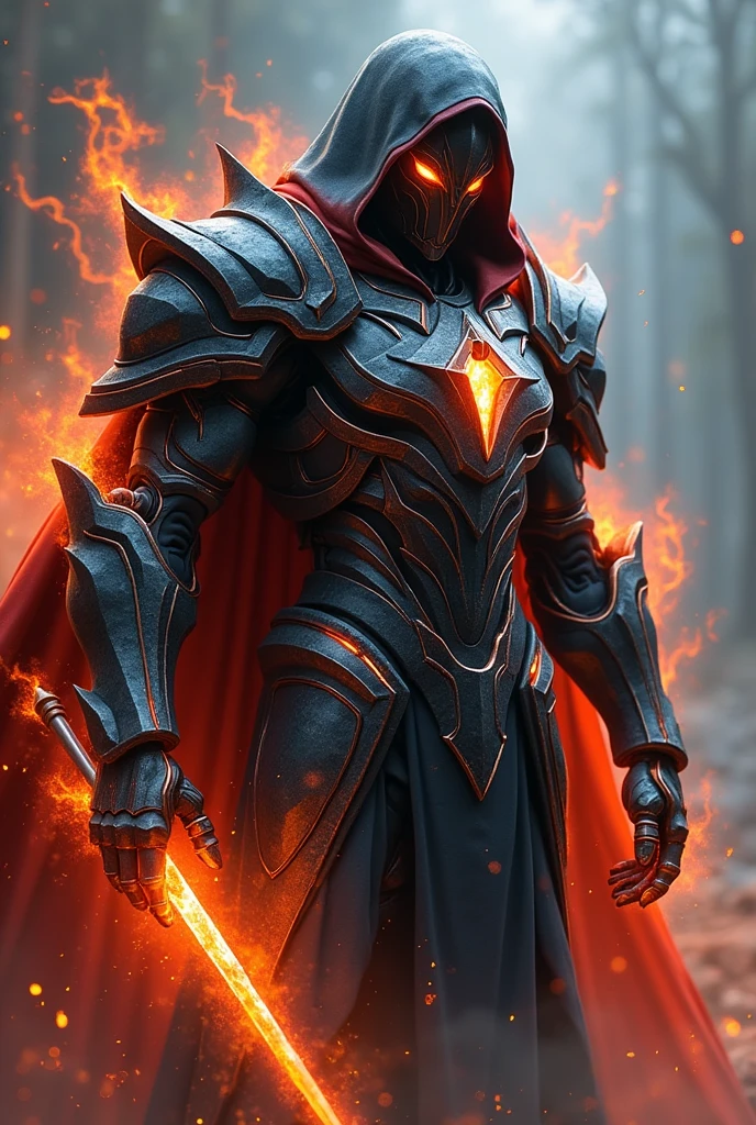 A cool robot conquering langhost hunter with super cool looking With thunder flame and dark matter mask and super cool looking armor with a powerful black metal and a powerful aura around him with thunder with coolest srmor with thunder and a cape cool looking with a hood