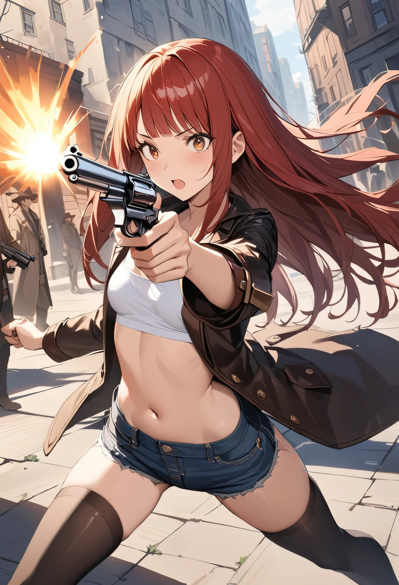 Gun action scene、Gunfight、((masterpiece,best quality anime,Highest quality:1.3)),realistic,cowboy shot,(25 year old beauty), gunslinger ,1woman,独奏,((very small head:1.4)),((very long body:1.3)),red hair,bangs,straight long hair,gorgeous big eyes,brown eyes,Bullish expression、(Black long coat),Wearing a white tube top shirt under the coat,navel、(denim micro shorts、black_thighhighs),((slender body:1.3,skinny)),small breasts,(Shoot a gun:1.3,Firing stance),gleaming skin,shiny skin,Holding a gun in hand,revolver、Western cityscape、The World of Westerns、